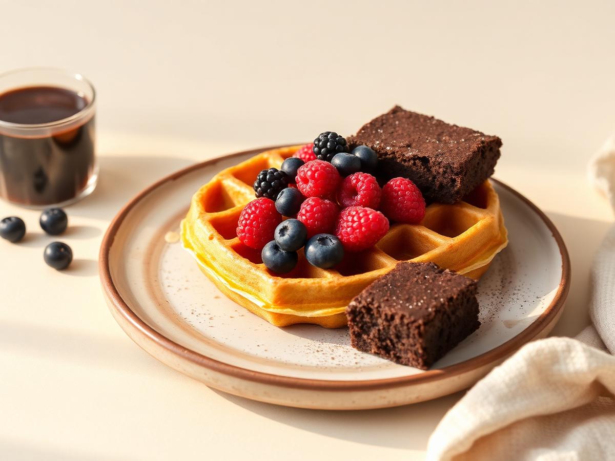 Belgian waffle with fresh berries next to chocolate brownies